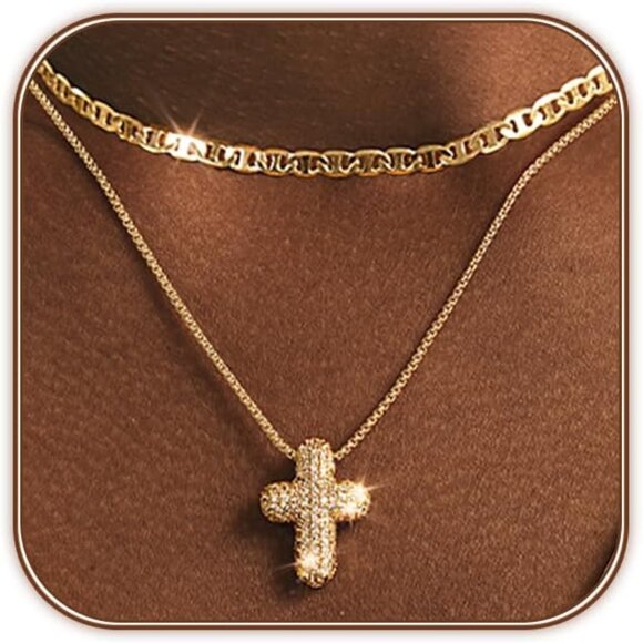 Bubble Cross Necklace for Women 14k Gold Plated Cross Necklace Stackable Dainty - Picture 1 of 7